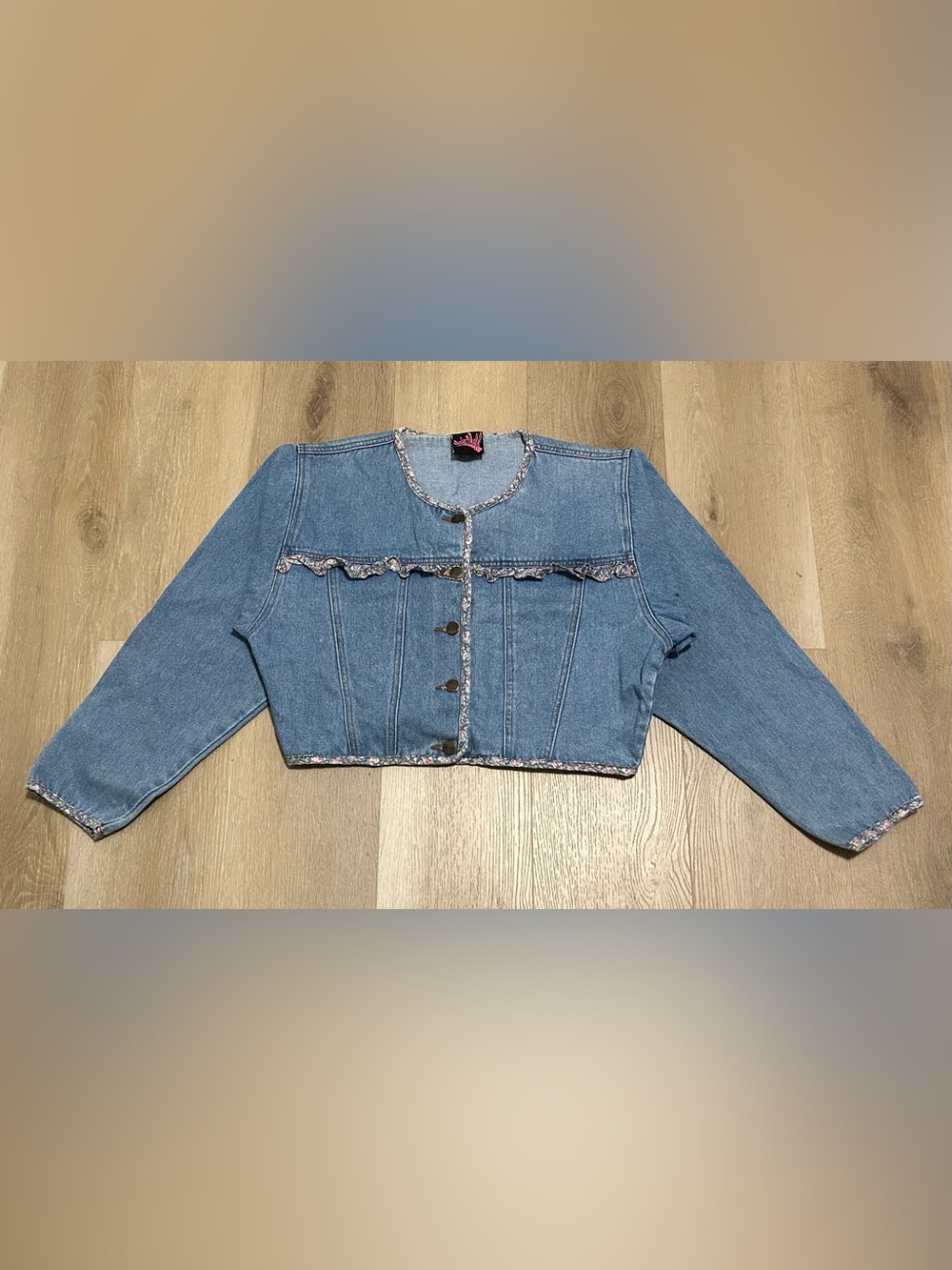 Vintage 90’s Cropped Blue Denim Jacket with Ruffle Trim